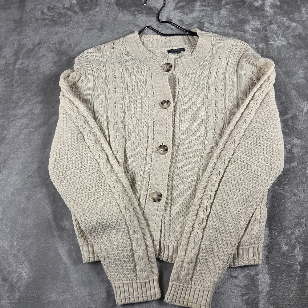 Cottagecore Cable Knit Cropped Cardigan Sweater Cream Ivory XS